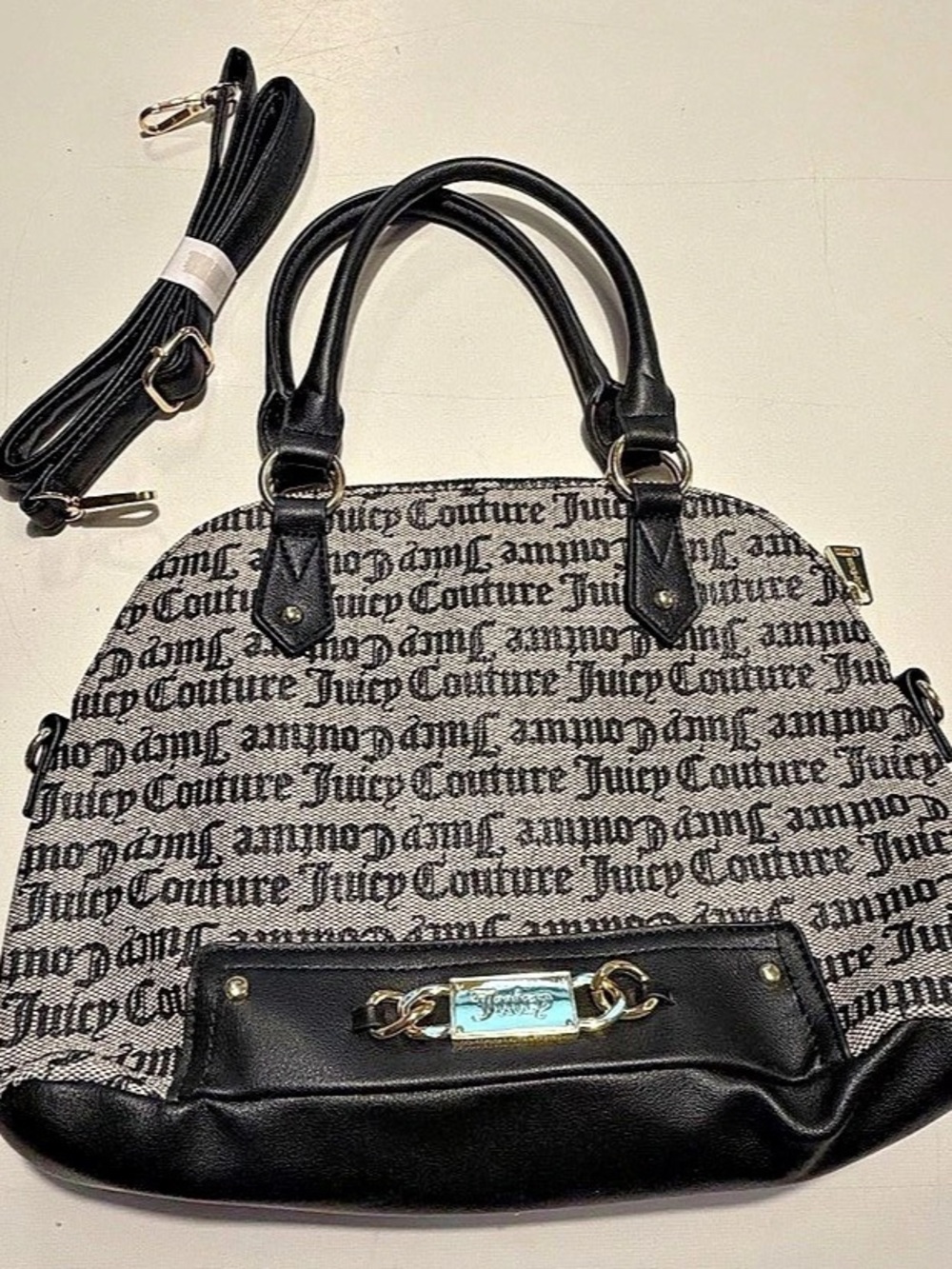 Juicy Couture Gothic Script Monogram Dome Satchel Black & White